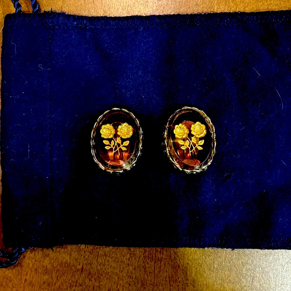 Vintage Rose Intaglio Clip Earrings Whiting and Davis Costume Jewelry